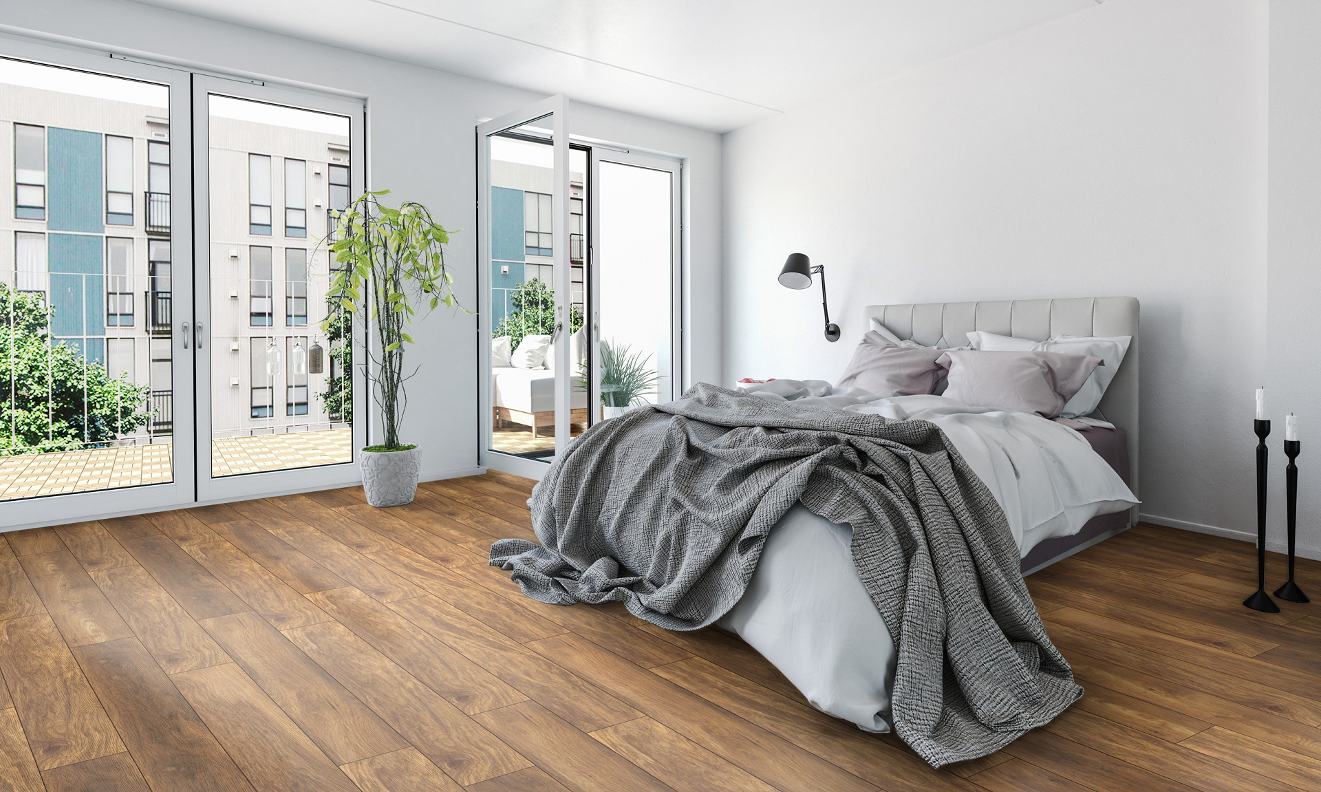 8155 Appalachian Hickory' flooring enhancing a serene bedroom ambiance with its warm tones and natural texture.