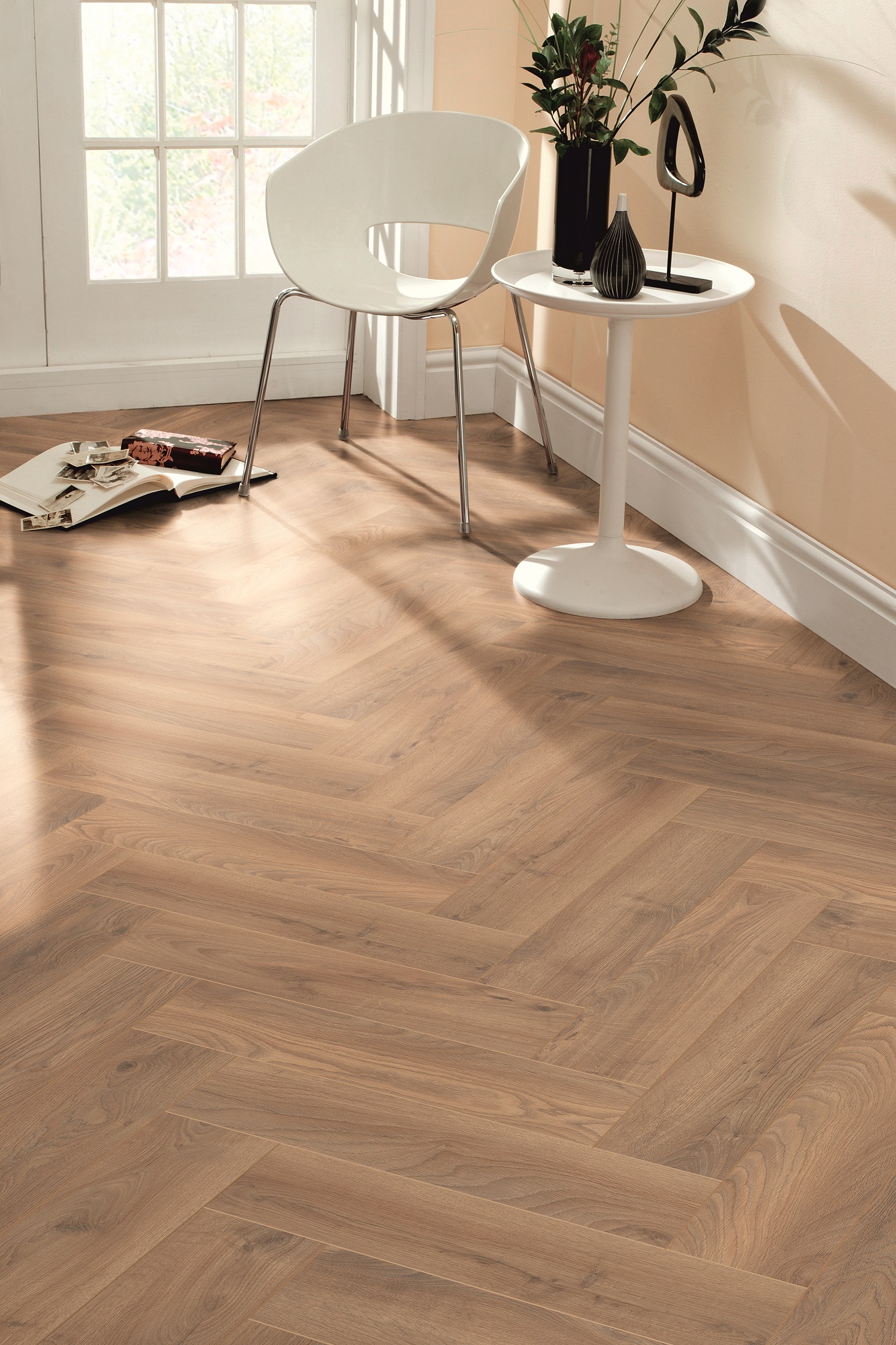beautiful minimalist hallway with herringbone laminate Krono Original 