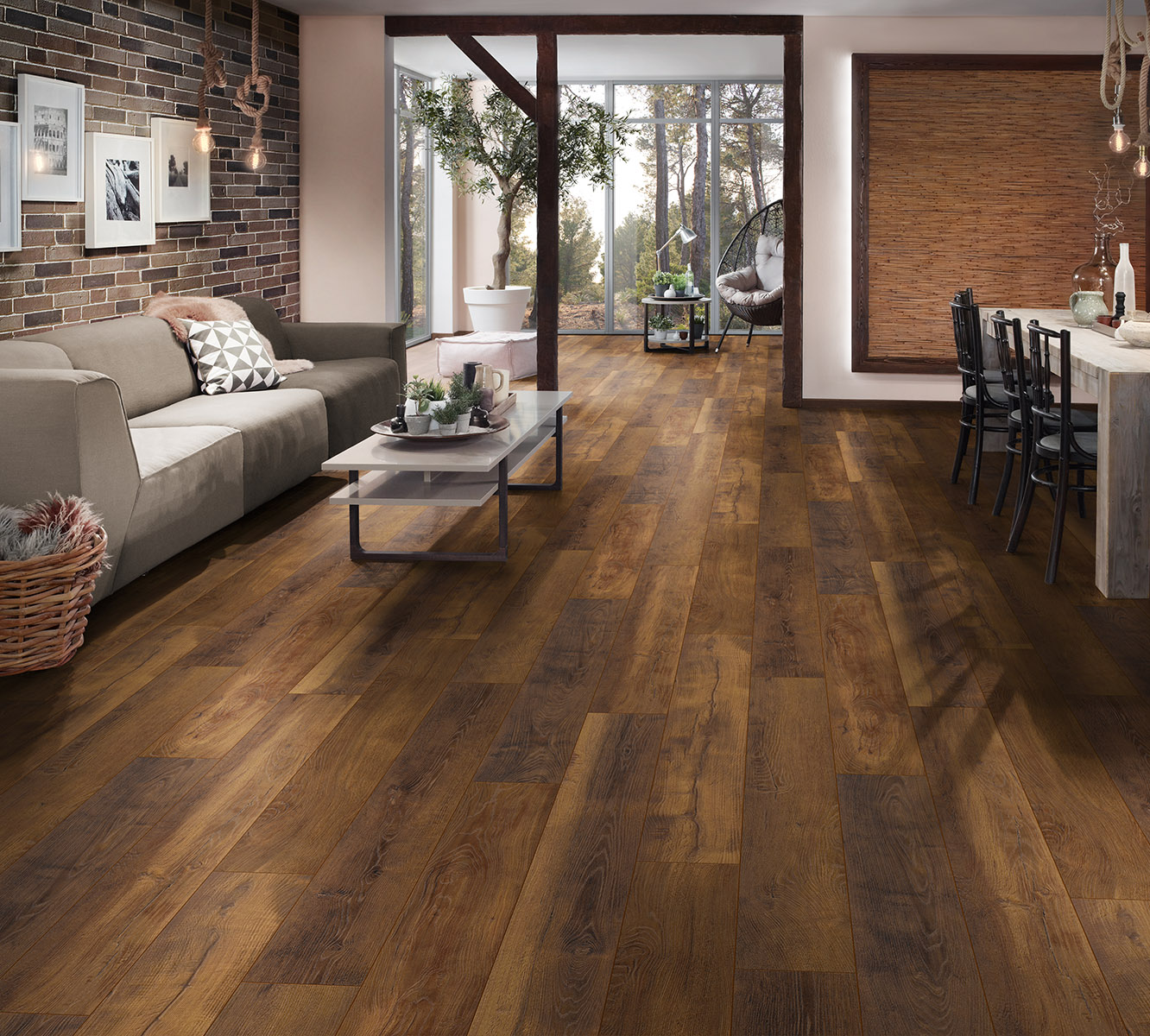 Laguna Oak laminate flooring in elegant living room interior with dark wood tones creating a bold and cozy atmosphere