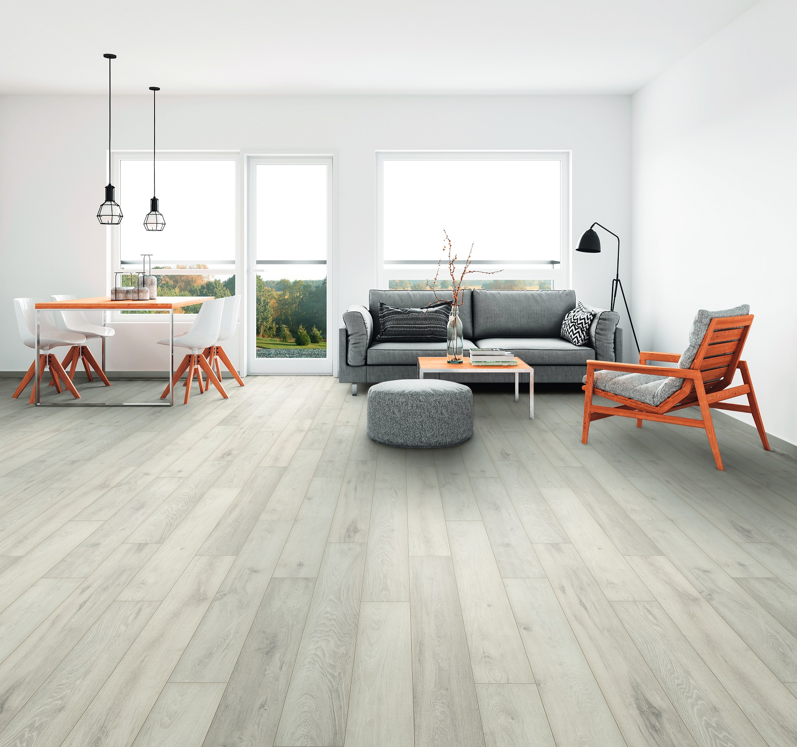 Iceberg Oak laminate flooring in minimalist living room – light tones creating a calm, open interior atmosphere