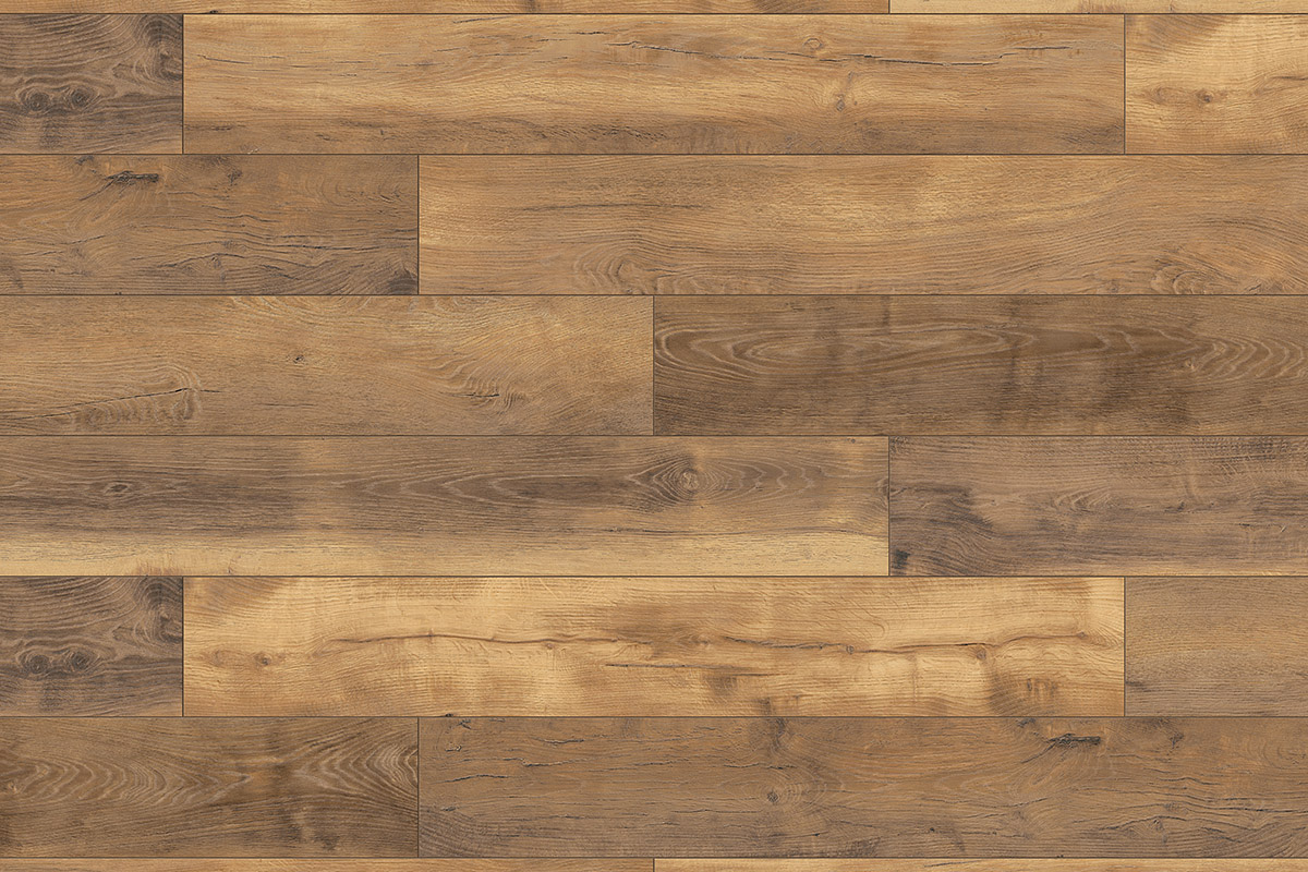 Close-up of K412 Doubloon Oak laminate flooring with warm vintage tones and authentic embossed wood texture from Atlantic 10 collection