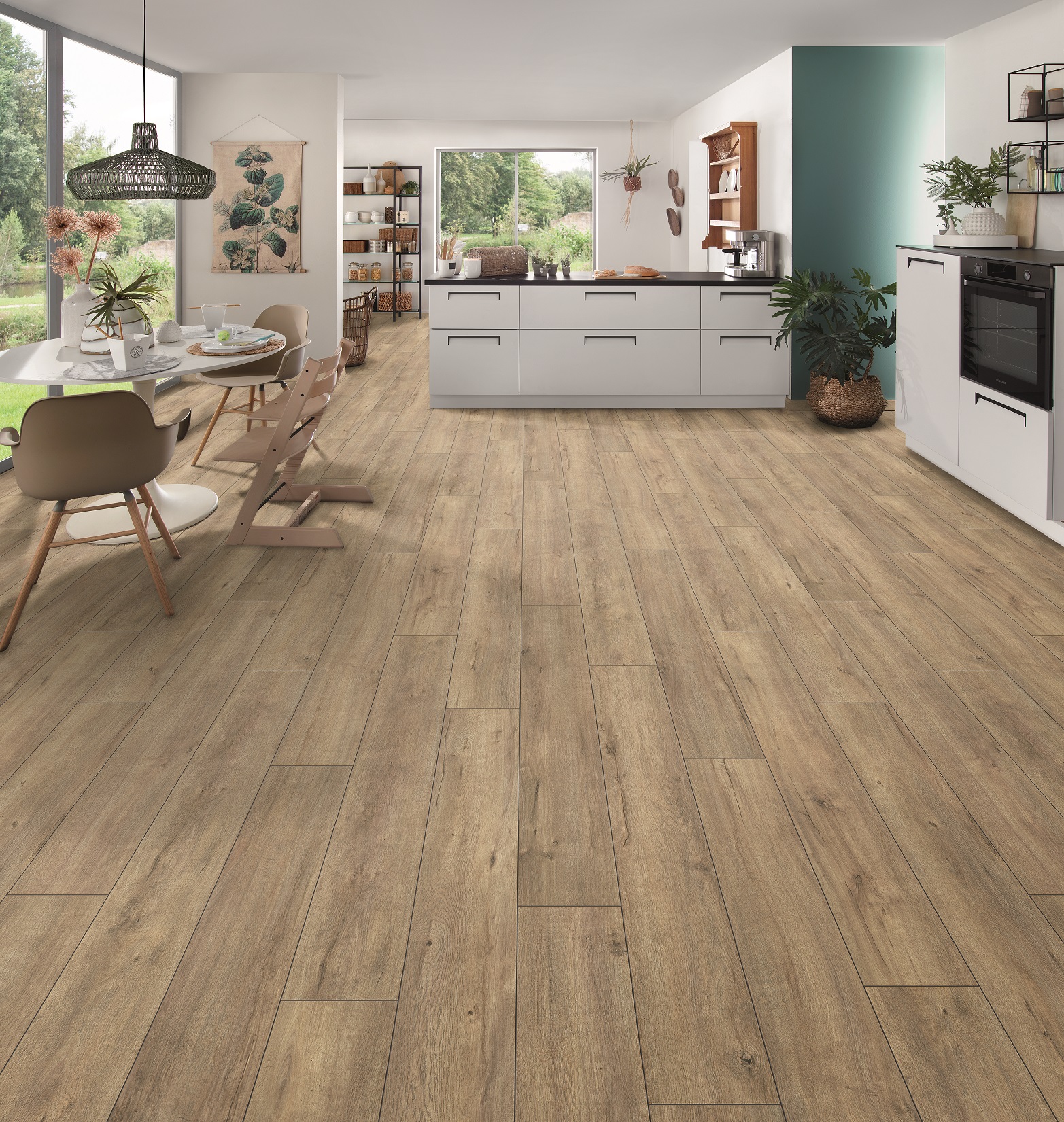 Modern home interior with Mushroom Apollo Oak laminate – seamless flooring choice for living and kitchen areas