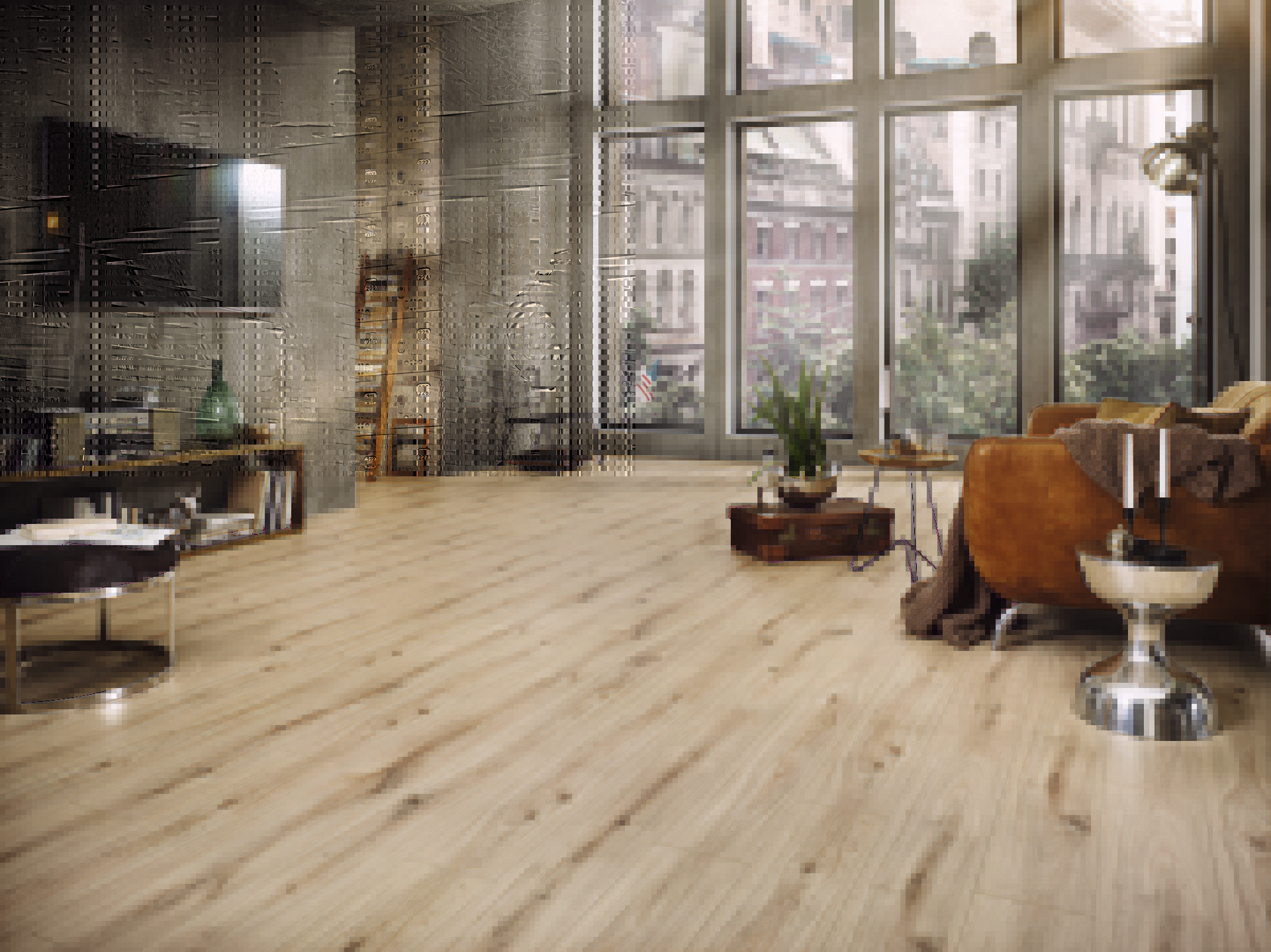 Durable K063 Desperados Oak laminate flooring with a full plank design in a warm beige colour