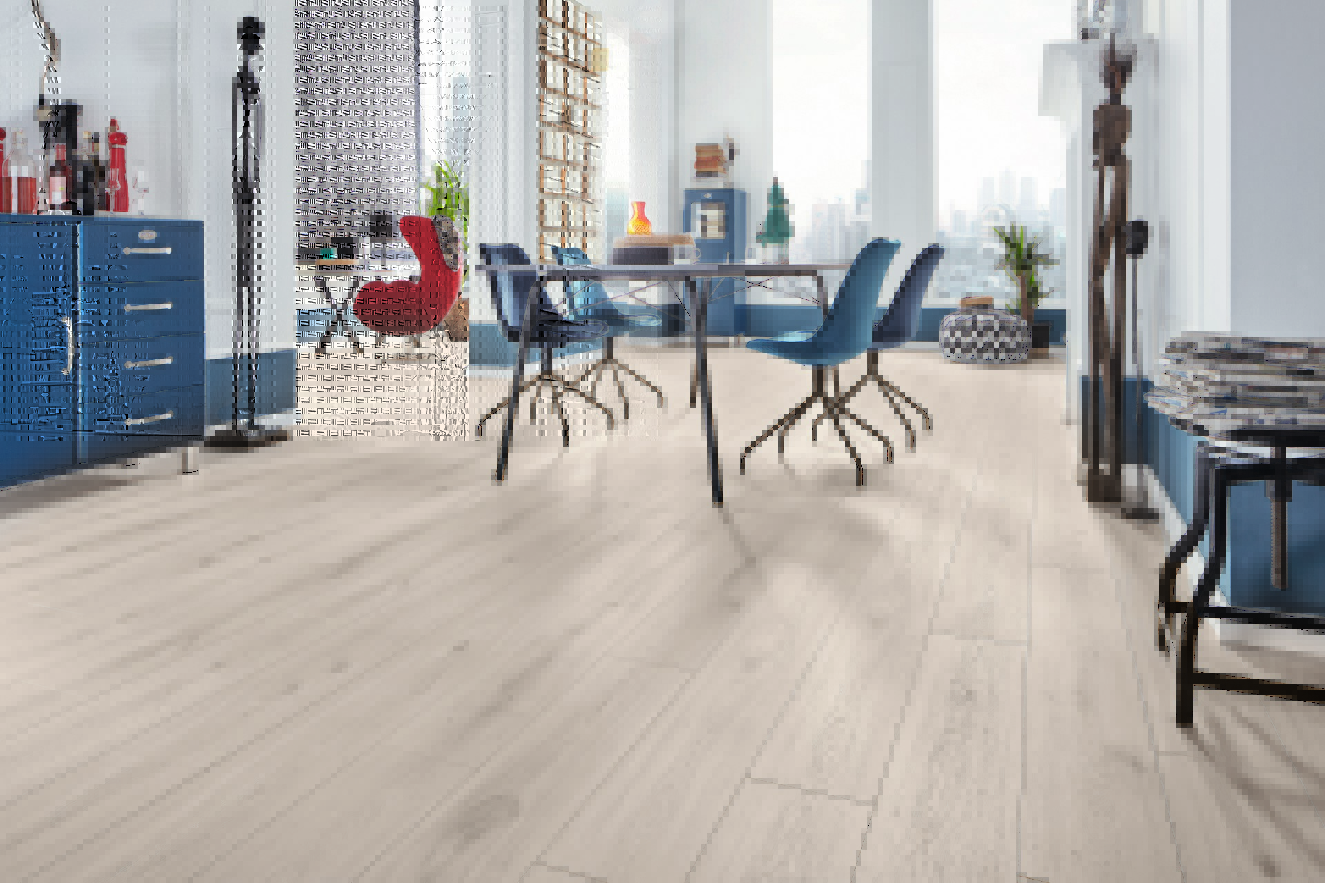 Light oak laminate in a workspace – K231 Misty Plains Oak creating a serene and clean office environment