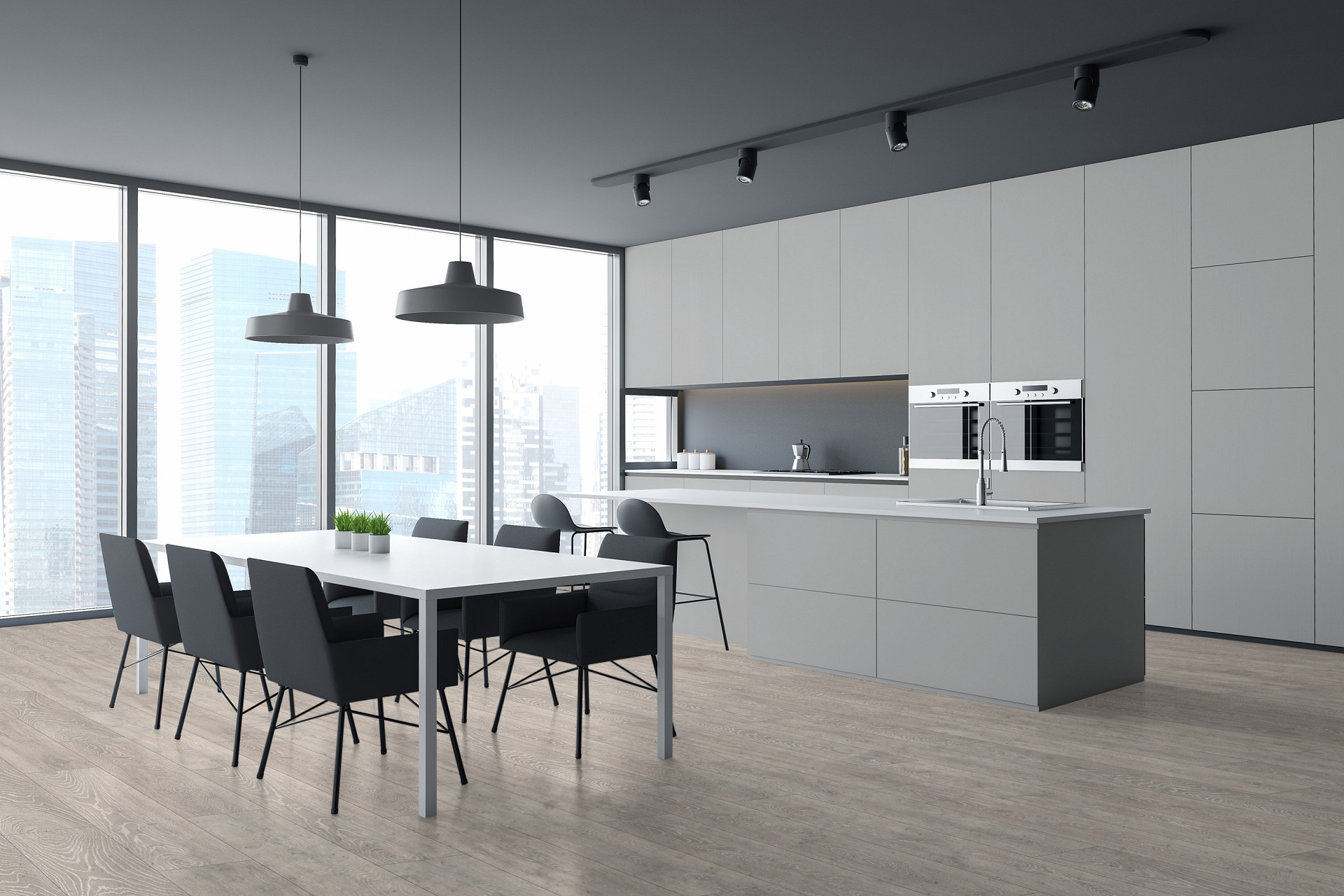 Boulder Oak laminate flooring in modern kitchen – moisture-resistant and hard-wearing solution for daily use