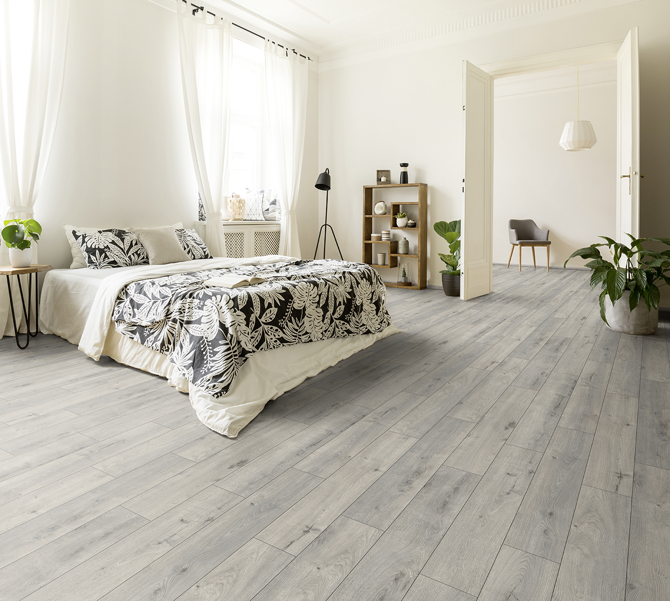 K392 Atomic Oak flooring in a cozy bedroom – soft vintage tones creating a calm and inviting atmosphere